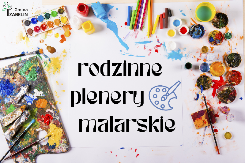 Grafika z logotypem Gminy Izabelin, farbami i napisem: rodzinne plenery malarskie.
